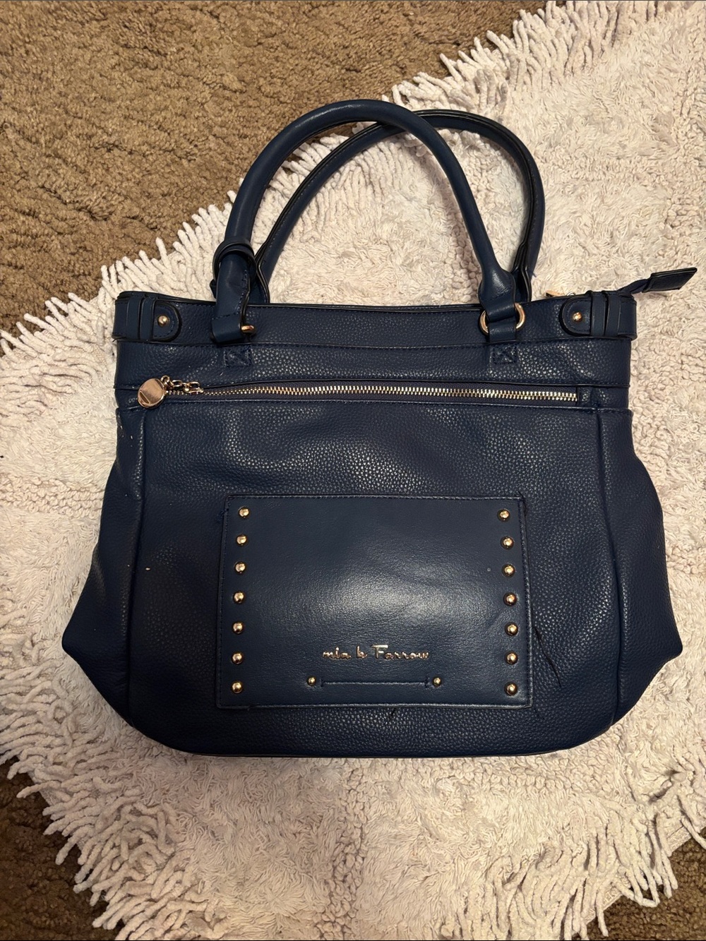 Nina LeFanum Navy Pebbled Leather Tote with Gold Stud Accents